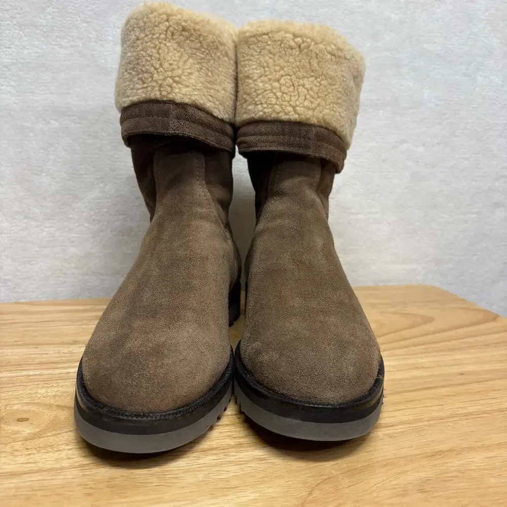Aquatalia Boots Waterproof Taupe Gray Suede Faux-Fur Cuff Back Zip Boots 7.5